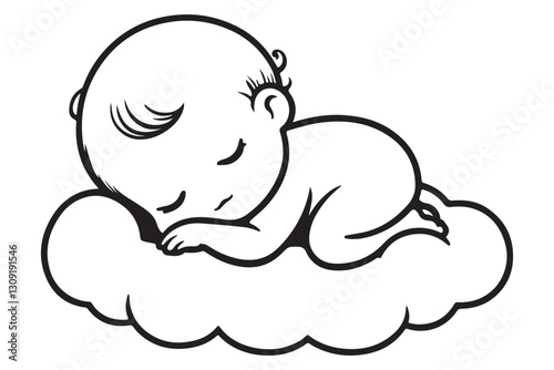 Simple Line Art Newborn Baby Sleeping Soundly on a Cloud