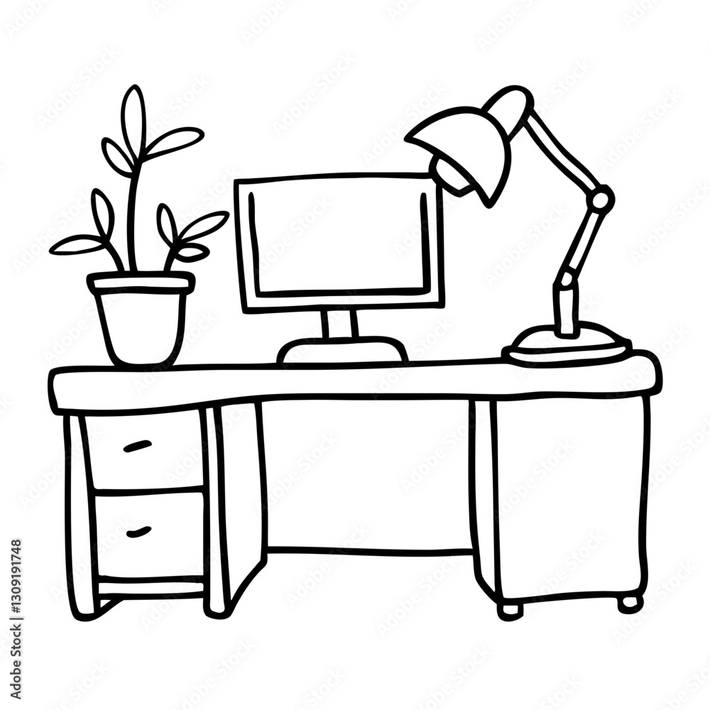 Minimalistic Office Desk Illustration with Computer Lamp and Plant Vector Art Minimalistic Office Desk Illustration with Computer Lamp and Plant Vector Art