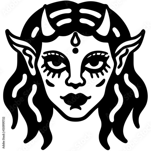 Mysterious Horned Female Elf Face Vector Design for Tattoos and Coloring Books