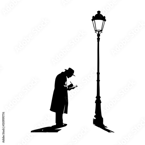 Vintage Detective Silhouette Reading Under Street Lamp Illustration Vector Art