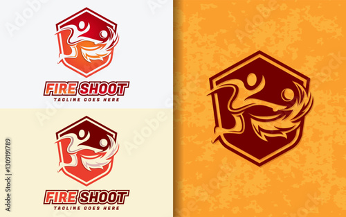 A dynamic emblem soccer logo symbol featuring a stylized figure kicking a ball merged with fiery flames. Sport vector illustration.