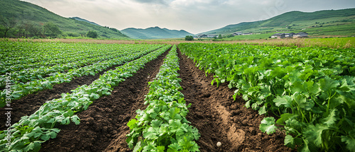 A lush green vegetable farm field with neatly arranged rows stretching into the distance surrounded by rolling hills under a partly cloudy sky
