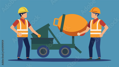 Two workers in hard hats working in tandem to turn the cement mixer their sleeves rolled up to their elbows and sweat glistening on their foreheads.. Vector illustration