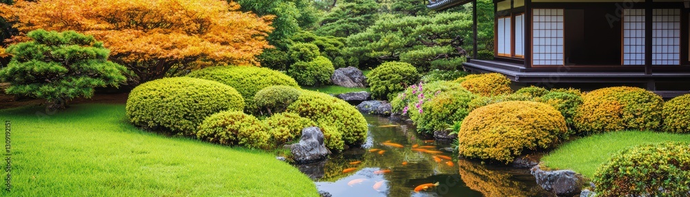 Serene Japanese Garden with Colorful Flowers and Koi Pond Under Clear Blue Sky