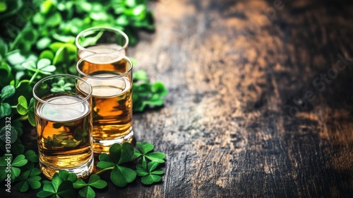 Golden Whiskey in Glasses with Shamrocks on Wooden Table