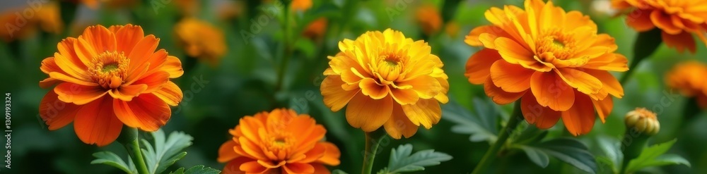 Vibrant marigolds, rich orange and yellow hues, lush green leaves , foliage, petals Vibrant marigolds, rich orange and yellow hues, lush green leaves , foliage, petals