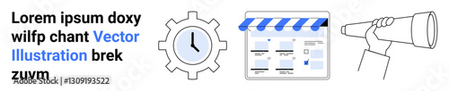 Cogwheel with clock center for productivity, shop with awning for business, hand holding a telescope for vision. Ideal for productivity, business, planning, vision, exploration, development