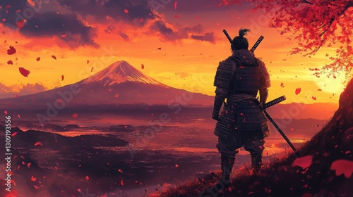 A lone samurai standing on a hill, watching the sunset over a vast Japanese countryside. He wears a detailed, traditional armor set, with a katana resting at his side. His expression is calm but deter