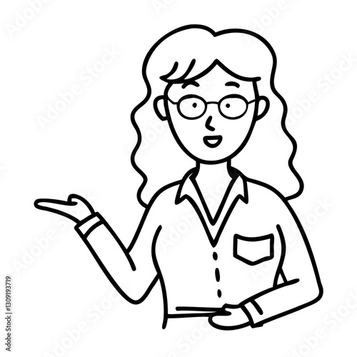 Vector Illustration Woman Pointing Hand Drawn Outline Art for Presentation and Design Use