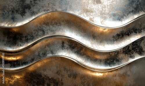 Abstract metallic waves with shimmering light reflections.
