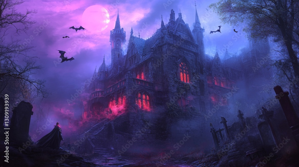 Fototapeta premium An eerie gothic vampire mansion under the full moon, surrounded by dead trees and a fog-covered graveyard. The mansion has sharp spires, cracked stone walls, and glowing red windows. A vampire with a 