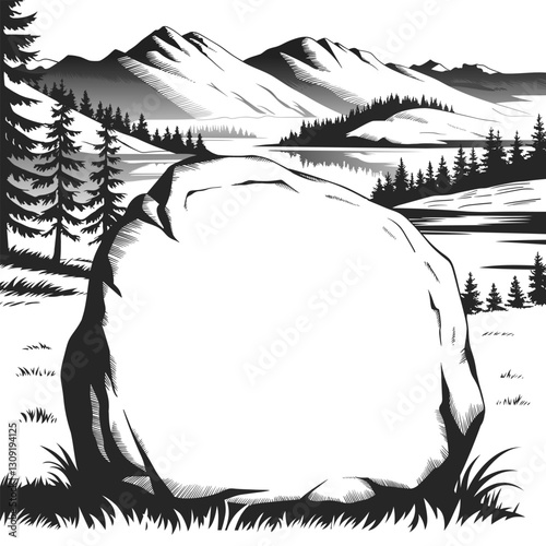 Картината върху платно Rounded rock in the forefront, framed by a picturesque mountain scenery with a c