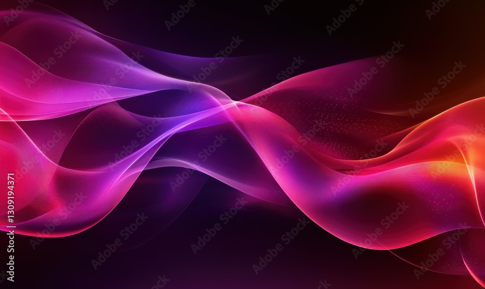 Naklejka premium Dynamic glowing purple and red wave-like textures illuminated by gradient lighting forming a bold futuristic abstract design .