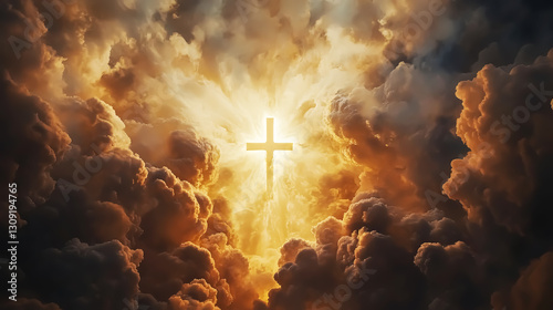 Glowing cross of clouds in the sky, sky, enlightenment. Biblical scene, concept of Holy Scripture of the Old and New Testament, Christian religion.