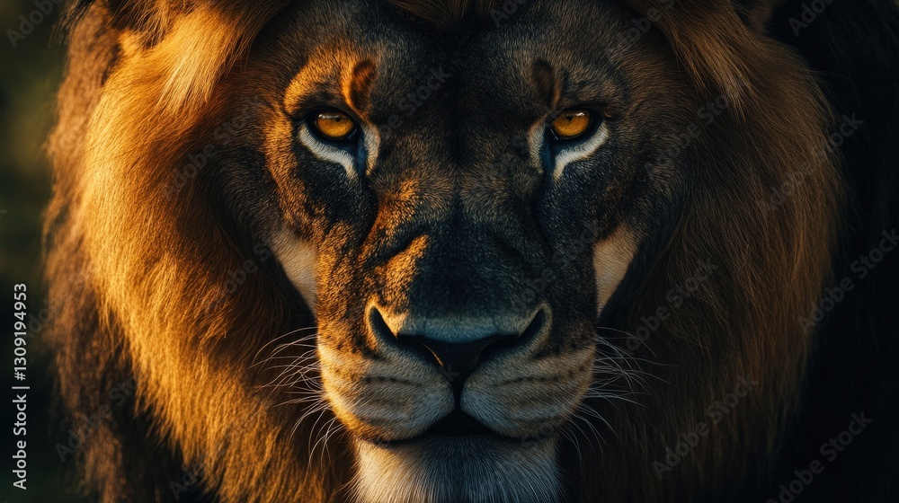 A majestic lion basks in the golden glow of sunset; its intricate fur, a tapestry of browns, blacks, oranges, and yellows, comes alive with each textured strand. Eyes gleam with regal intensity, captu A majestic lion basks in the golden glow of sunset; its intricate fur, a tapestry of browns, blacks, oranges, and yellows, comes alive with each textured strand. Eyes gleam with regal intensity, captu
