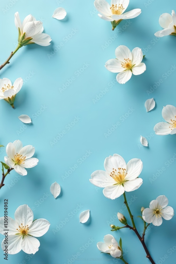 Obraz premium Delicate white blossoms, seamlessly repeating on a calming blue backdrop , blossom, delicate, classic