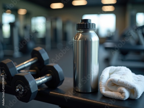 Escena de gimnasio con una botella de batido de proteínas en blanco en un banco, acompañada de pesas y una toalla
 photo