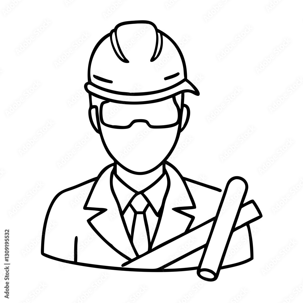Construction Engineer Outline with Hard Hat and Blueprint Vector Art Construction Engineer Outline with Hard Hat and Blueprint Vector Art