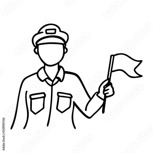 Outline Vector Worker Holding Flag Uniform Safety Signal Design