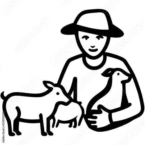 Farmer with Goats and Pig Simple Line Art Illustration for Agricultural Theme