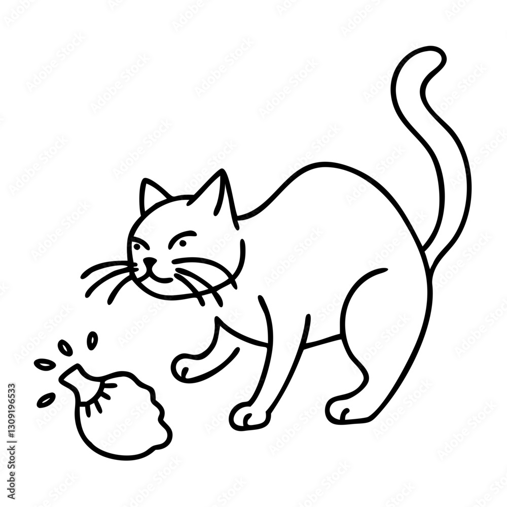 Fototapeta premium Playful Cat with Yarn Ball Black Line Art Illustration for Coloring Book or Tattoo