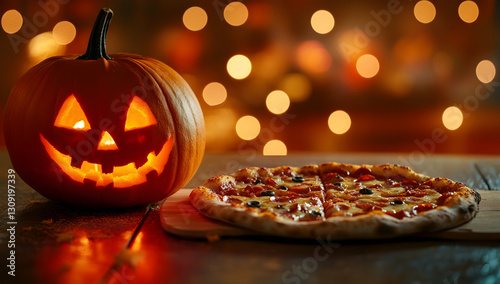 Halloween-themed pizza  and a spooky night background. 