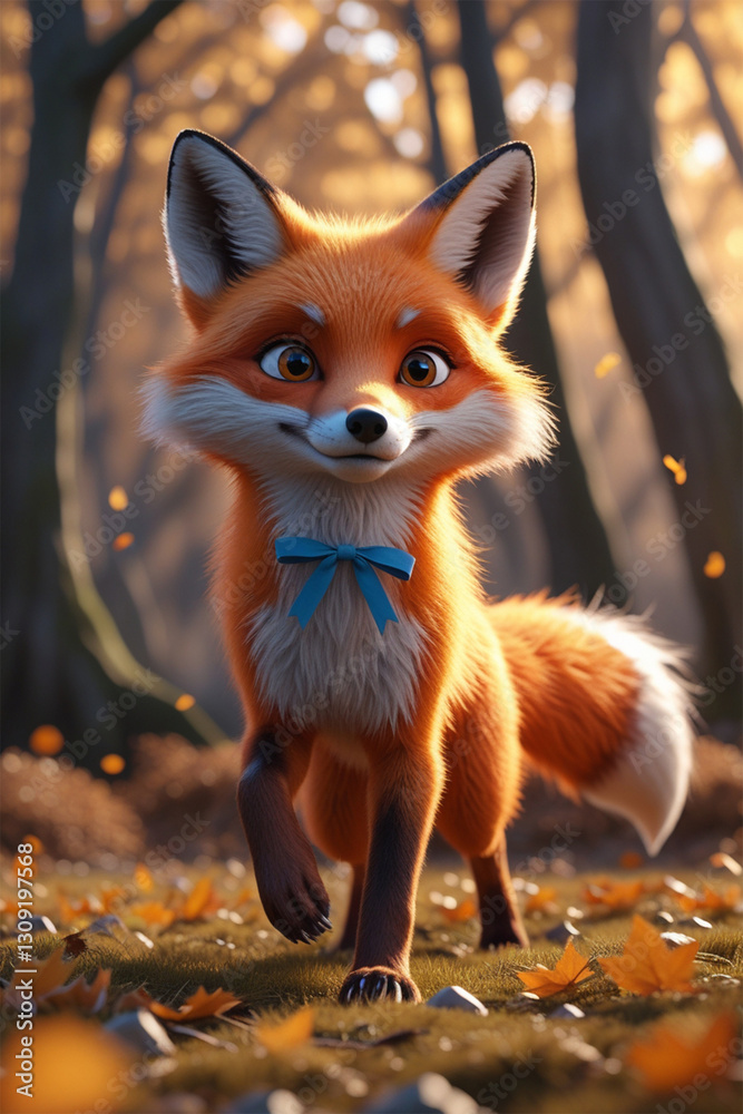 Obraz premium A cheerful fox cub with a blue bow around its neck, radiating joy and playfulness in a whimsical and delightful illustration