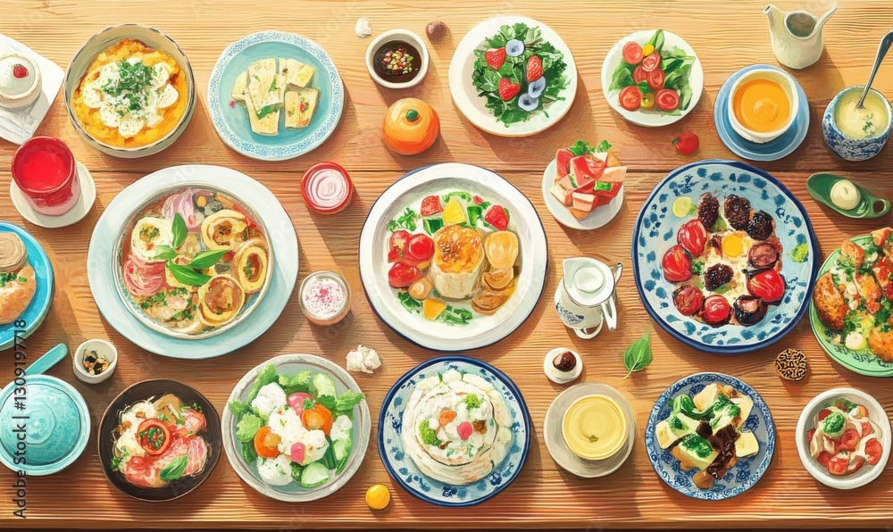A colorful spread of various dishes displayed on a wooden table. A colorful spread of various dishes displayed on a wooden table.