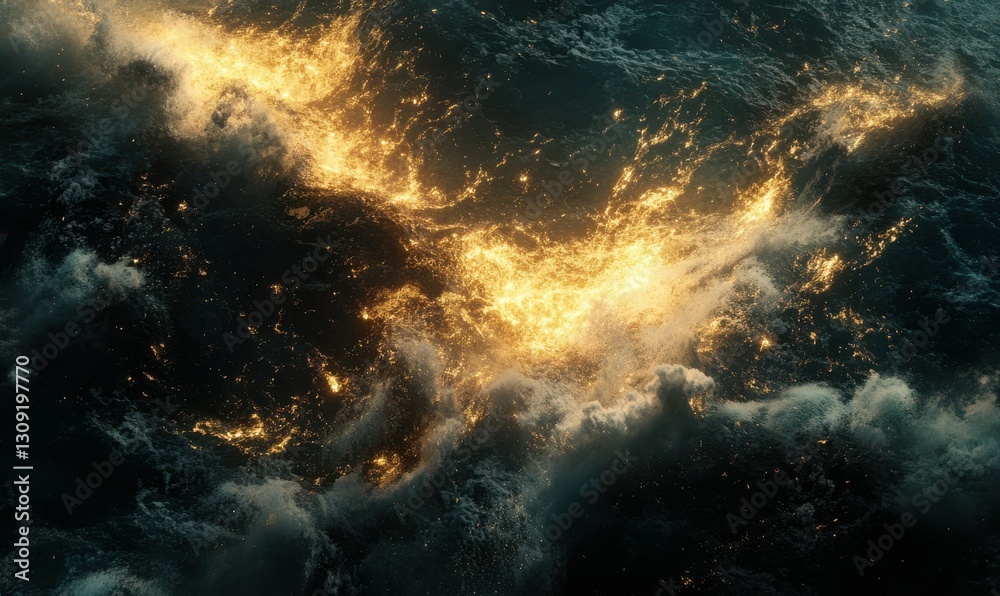 Obraz premium Aerial view of crashing ocean waves illuminated by light.