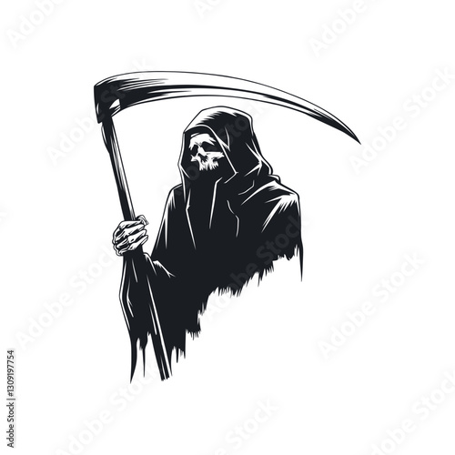Grim Reaper holding a scythe, with a skull face visible within the hood
