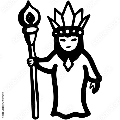 Fantasy Sorceress Vector Illustration with Staff and Crown for Tattoo or Coloring Book