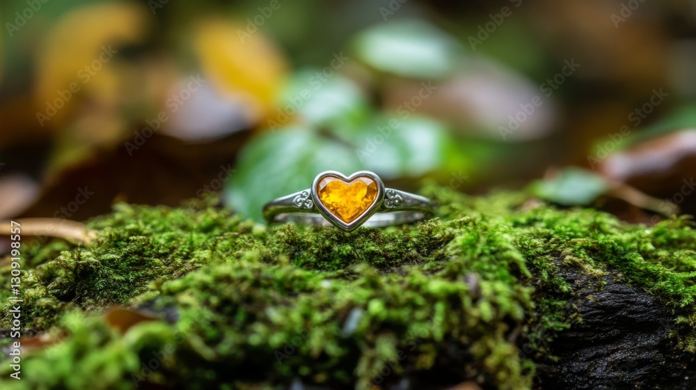 Heart Shaped Amber Ring on Green Moss Heart Shaped Amber Ring on Green Moss