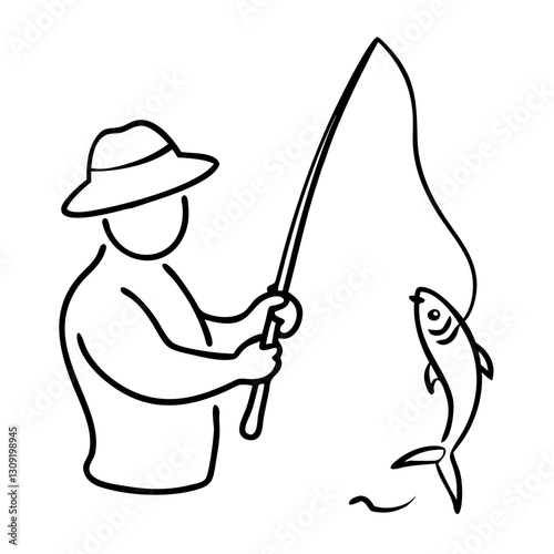 Fisherman Catching Fish Line Art Vector Illustration for Outdoor Recreation and Hobbies