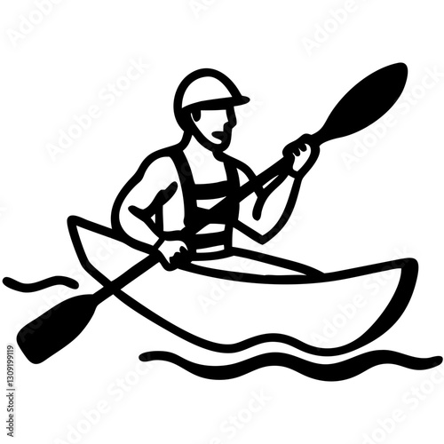 Vector Illustration Kayaker Paddling Canoe Black Outline Adventure Water Sports Design