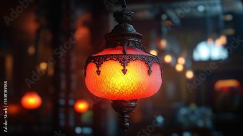 Ornate red glass lamp glows warmly indoors
