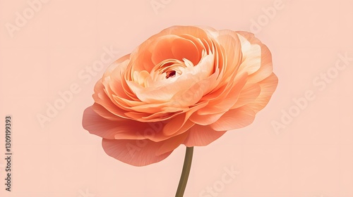 A minimalist portrayal of a peach ranunculus with softly curled petals, set against a gradient background shifting from warm peach to soft pink on the right, creating a serene and romantic visual