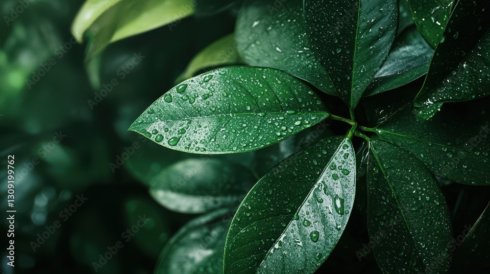 Fototapeta premium Green leaves with dew drops in lush foliage in natural setting