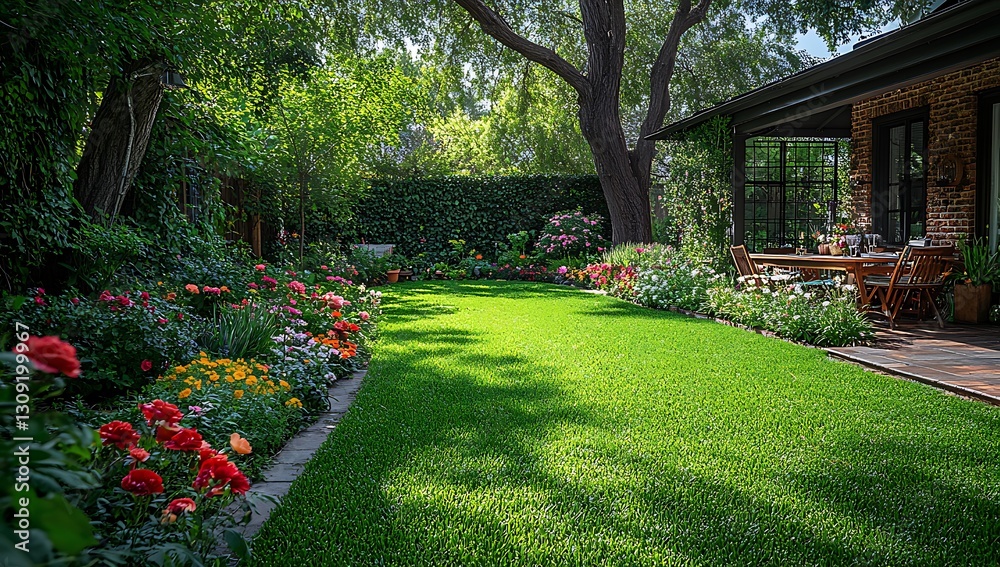 Obraz premium Lush Garden Landscape Vibrant Flowers, Green Lawn, Backyard Oasis