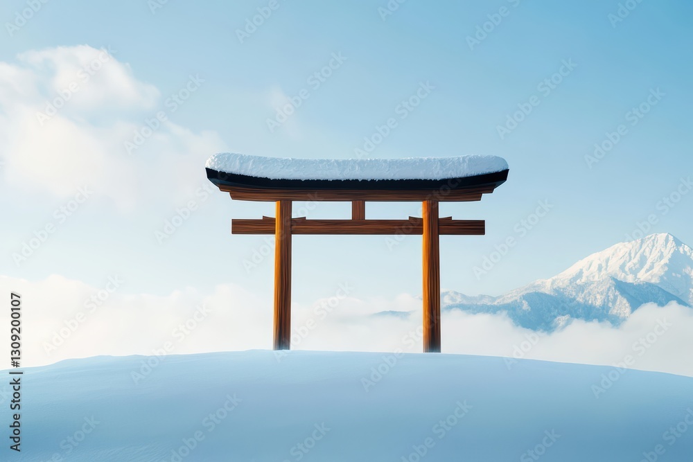 Snow-Covered Japanese Shrine in Winter Landscape with Clear Blue Sky and Mountain Background Snow-Covered Japanese Shrine in Winter Landscape with Clear Blue Sky and Mountain Background