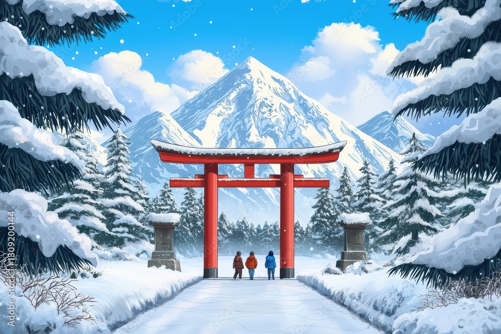 Serene Winter Scene with Japanese Shrine Surrounded by Snow-Covered Landscape and Mountains Serene Winter Scene with Japanese Shrine Surrounded by Snow-Covered Landscape and Mountains