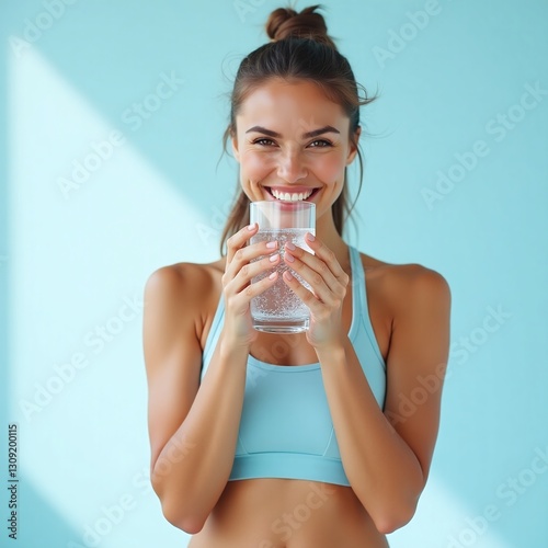 young woman with glass of water, blue background, happy woman