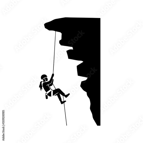 Rock Climber Silhouette Vector with Rope on Cliffside for Adventure Activities