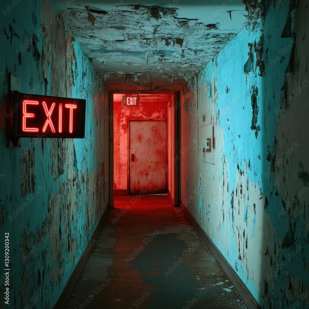 Obraz premium Abandoned corridor with peeling paint and glowing exit sign, evoking a sense of unease