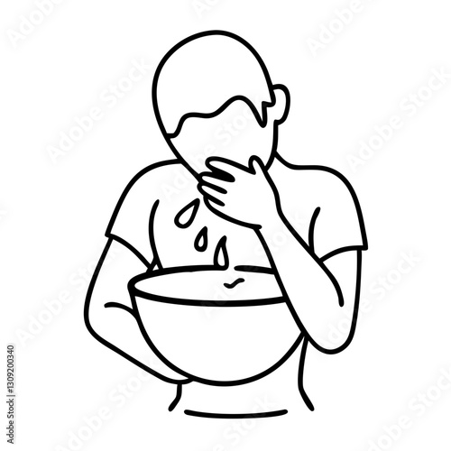 Minimalist Vector Illustration of Person Washing Face with Water Bowl