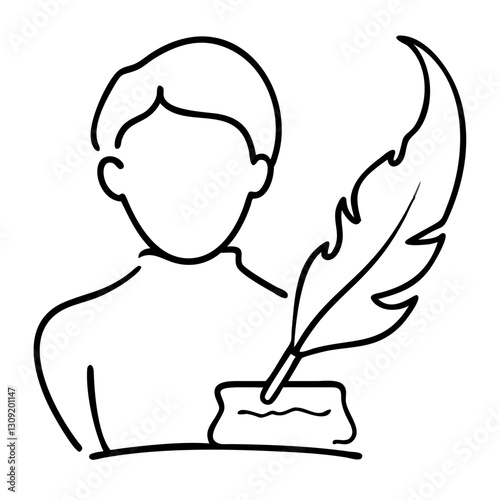Writer Silhouette with Quill Feather and Ink Outline Illustration Vector Art