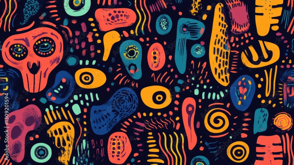 Naklejka premium Colorful abstract pattern with vibrant shapes and unique designs on dark background