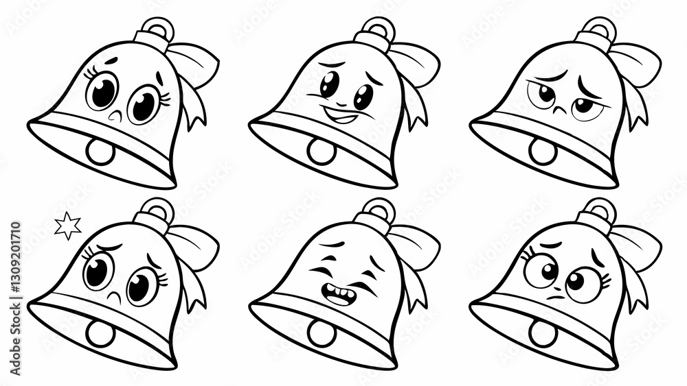 Naklejka premium Cute Cartoon Bell Characters with Various Facial Expressions: Happy, Sad, Angry, Surprised, and More
