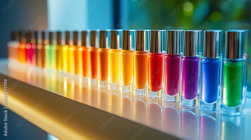 Row of colorful nail polish bottles on shelf, blurred view outside window Row of colorful nail polish bottles on shelf, blurred view outside window