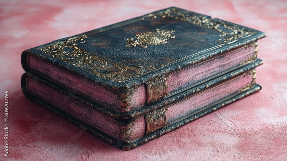 Antique books ornate gold detailing pink leather Antique books ornate gold detailing pink leather