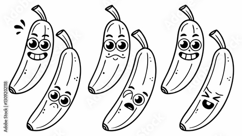 Cartoon Banana Characters Showing Various Emotional States Including Joy, Fear, Disappointment, and Surprise, Simple Black and White Line Drawing Style 